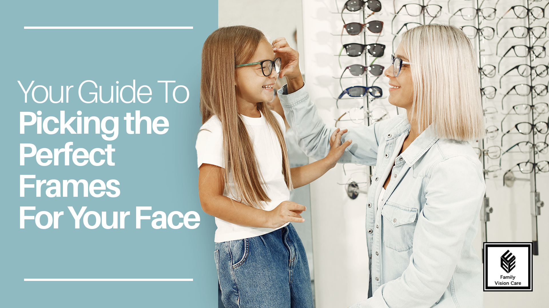 A woman and child trying on glasses and smiling